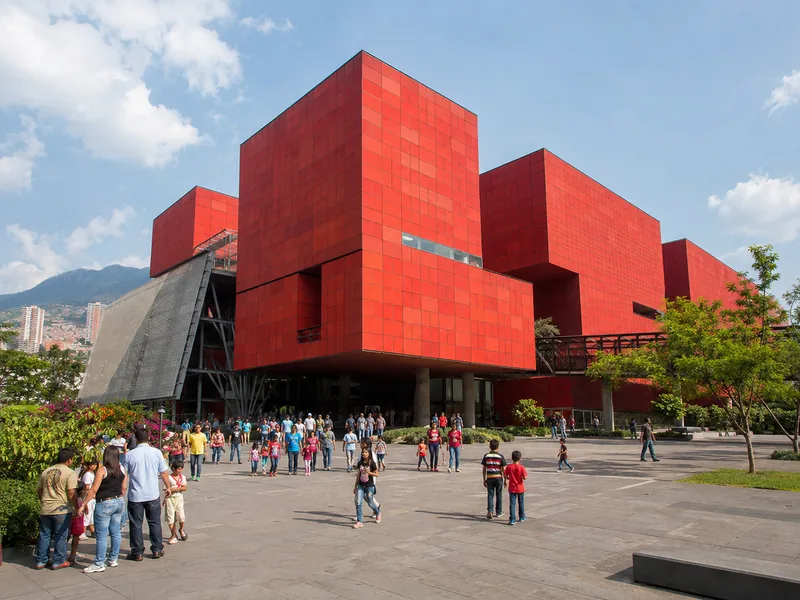 Red cube buildings of Parque Explora science museum in Medellín