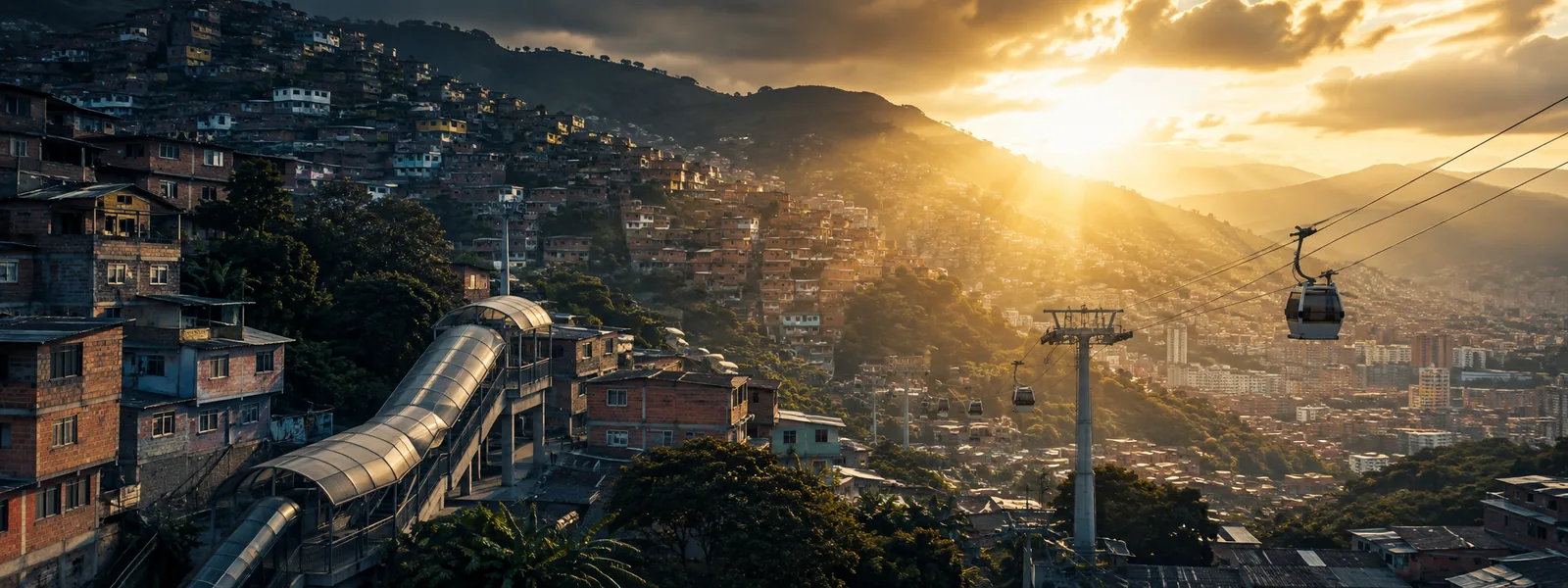Sunrise over Medellín hillside comunas with outdoor escalators and Metrocable